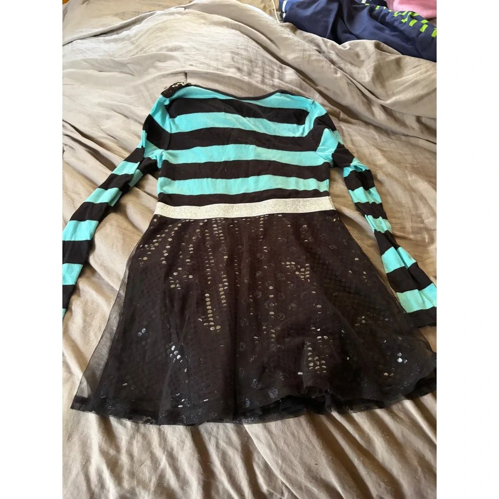 Justice Girls Turquoise Black Striped Tulle Sequin Bow Dress Size 12 Long Sleeve